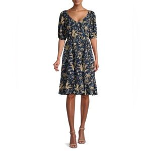 La Vie Rebecca Taylor Floral Tiered Midi Dress Blue Gold Pockets Size M